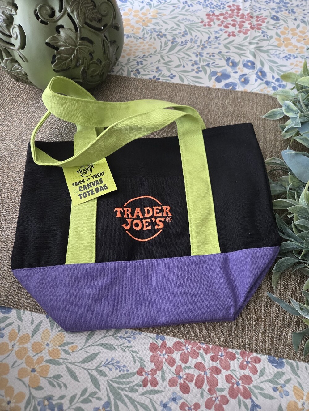 Trader Joe's Black Canvas Tote with Purple Base and Lime Handles